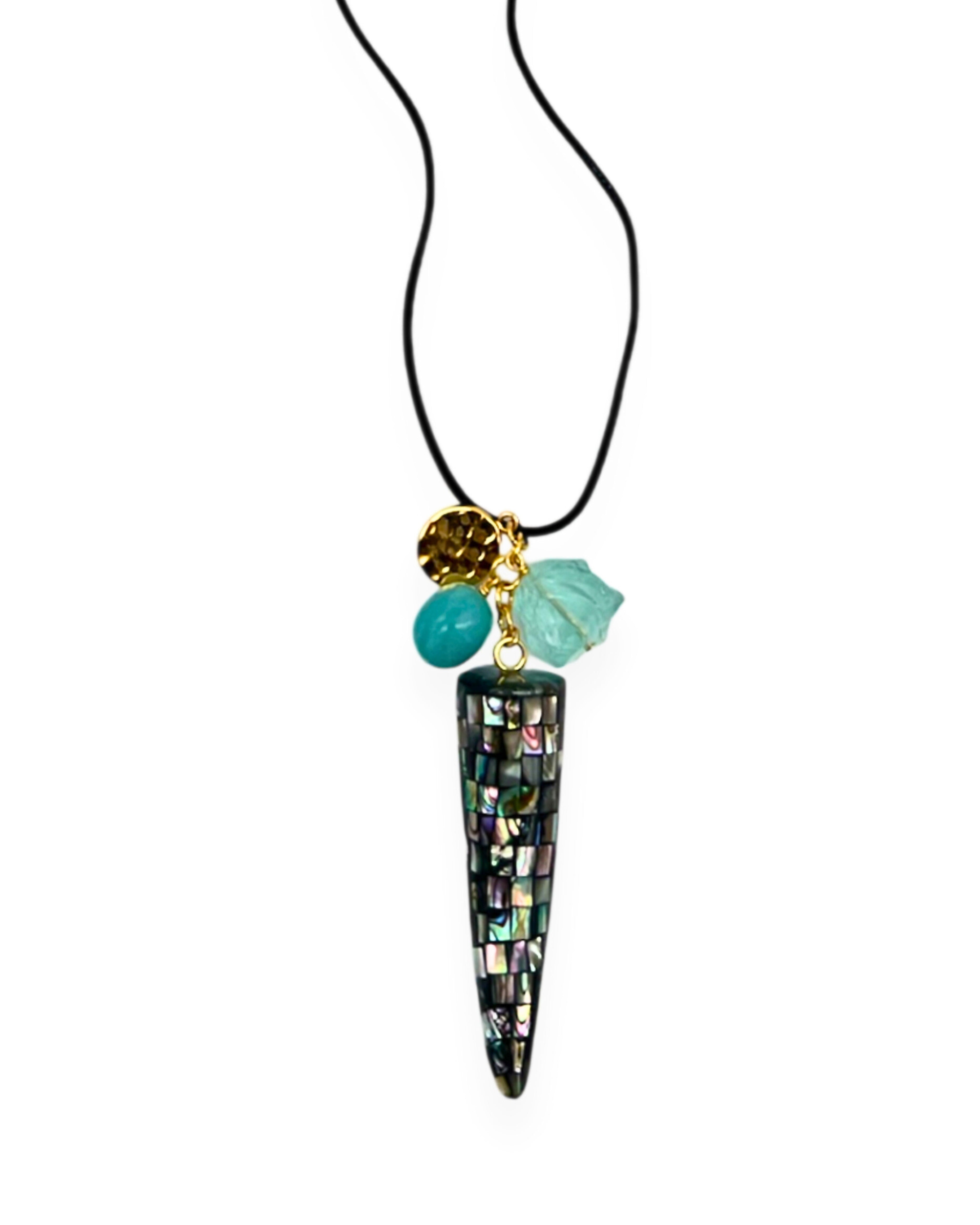 Abalone and Aqua Quartz Adjustable Cord Necklace
