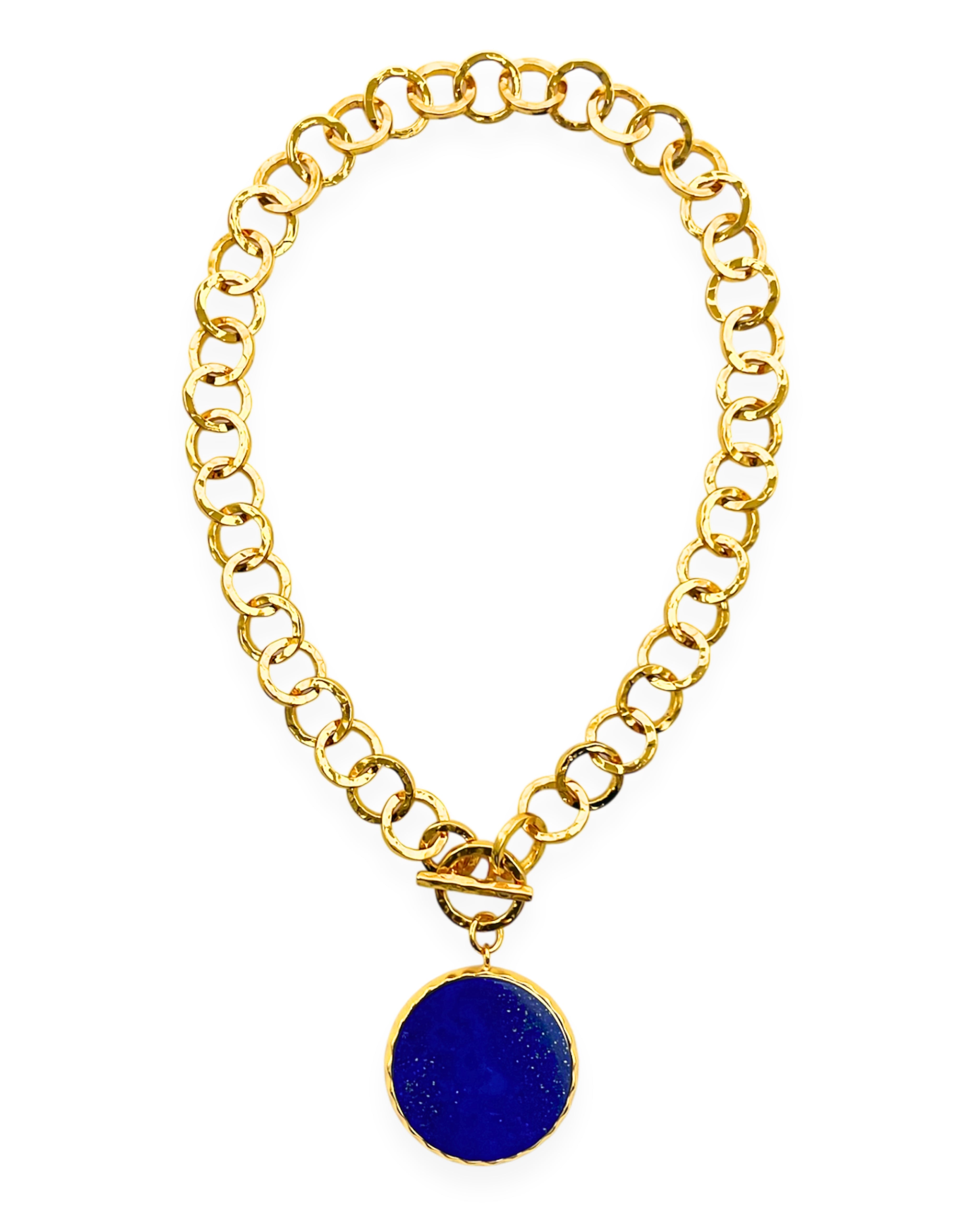 Hammered Gold Link Lapis Bezel Necklace