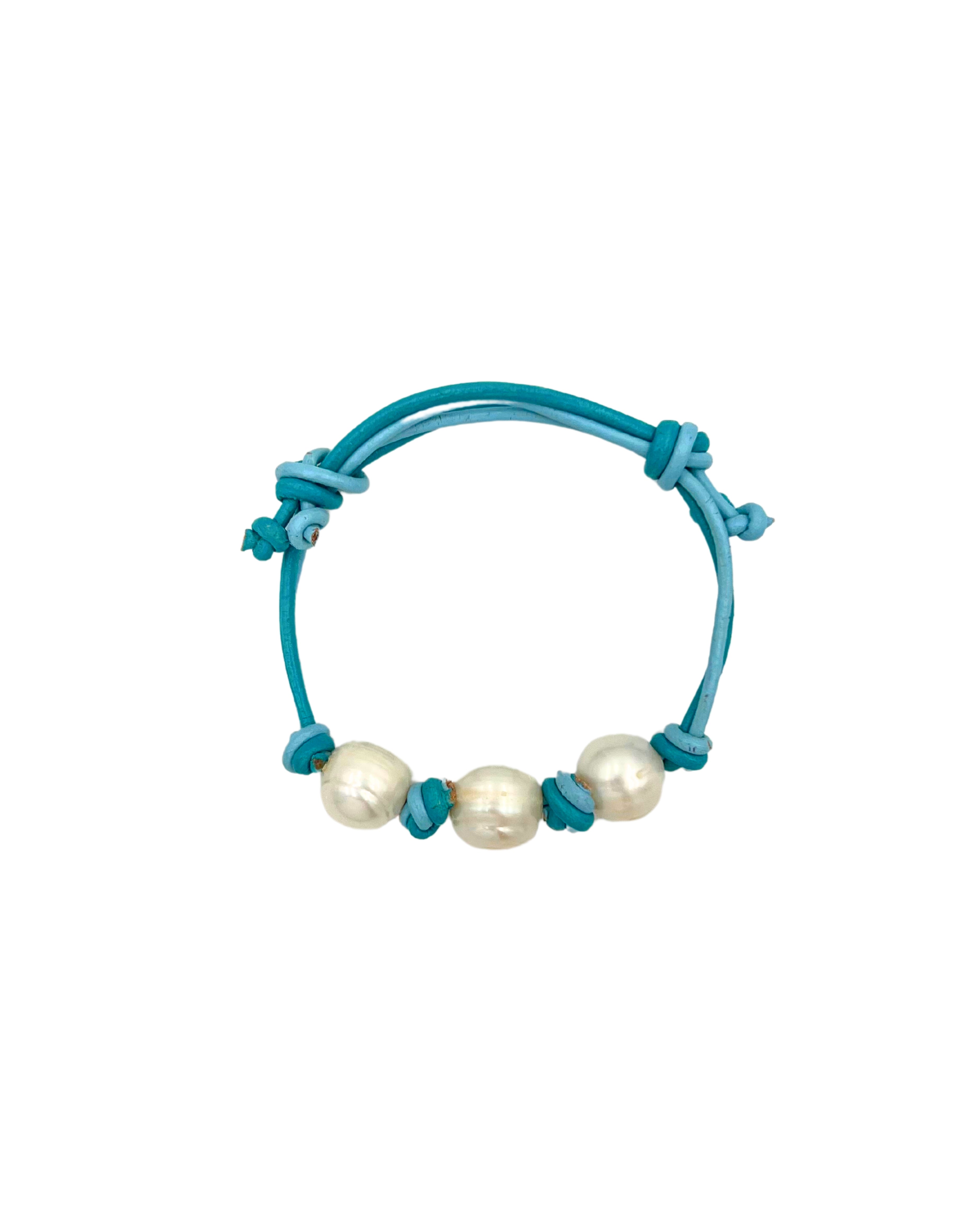 Turquoise Leather and Pearl Adjustable Bracelet