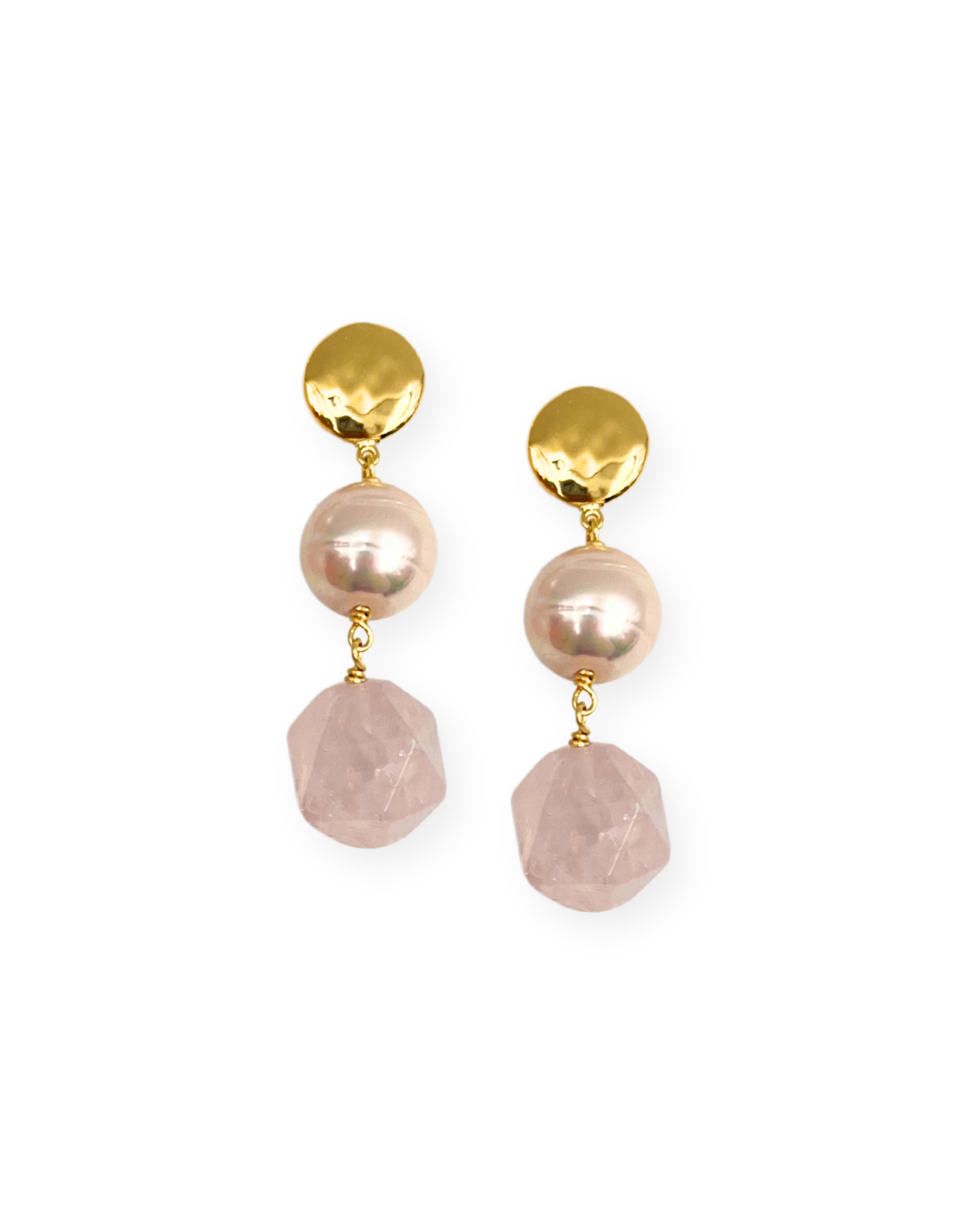 Pink Rose Quartz and Pearl Drop Earrings