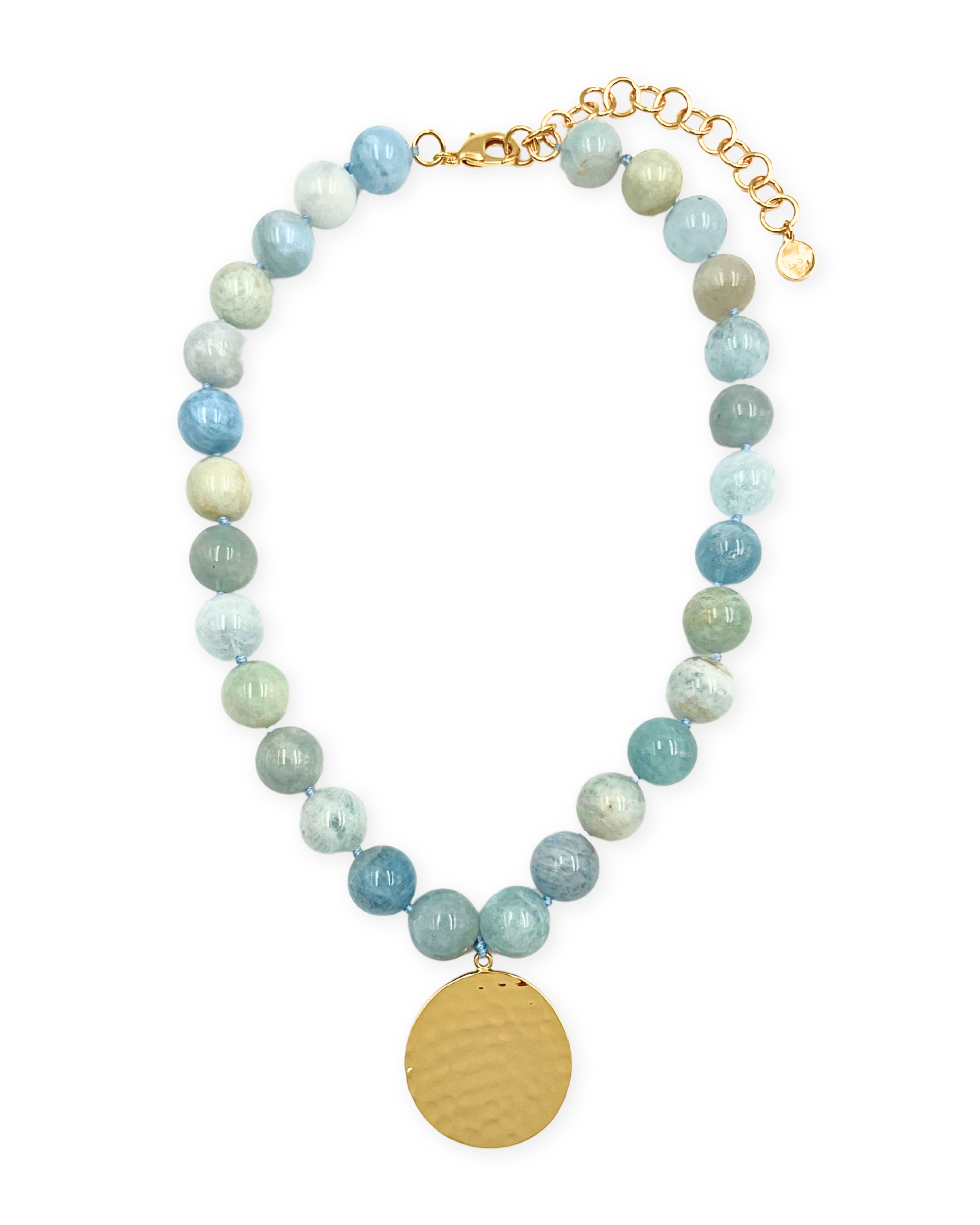 Aquamarine Strand Necklace with Hammered Pendant