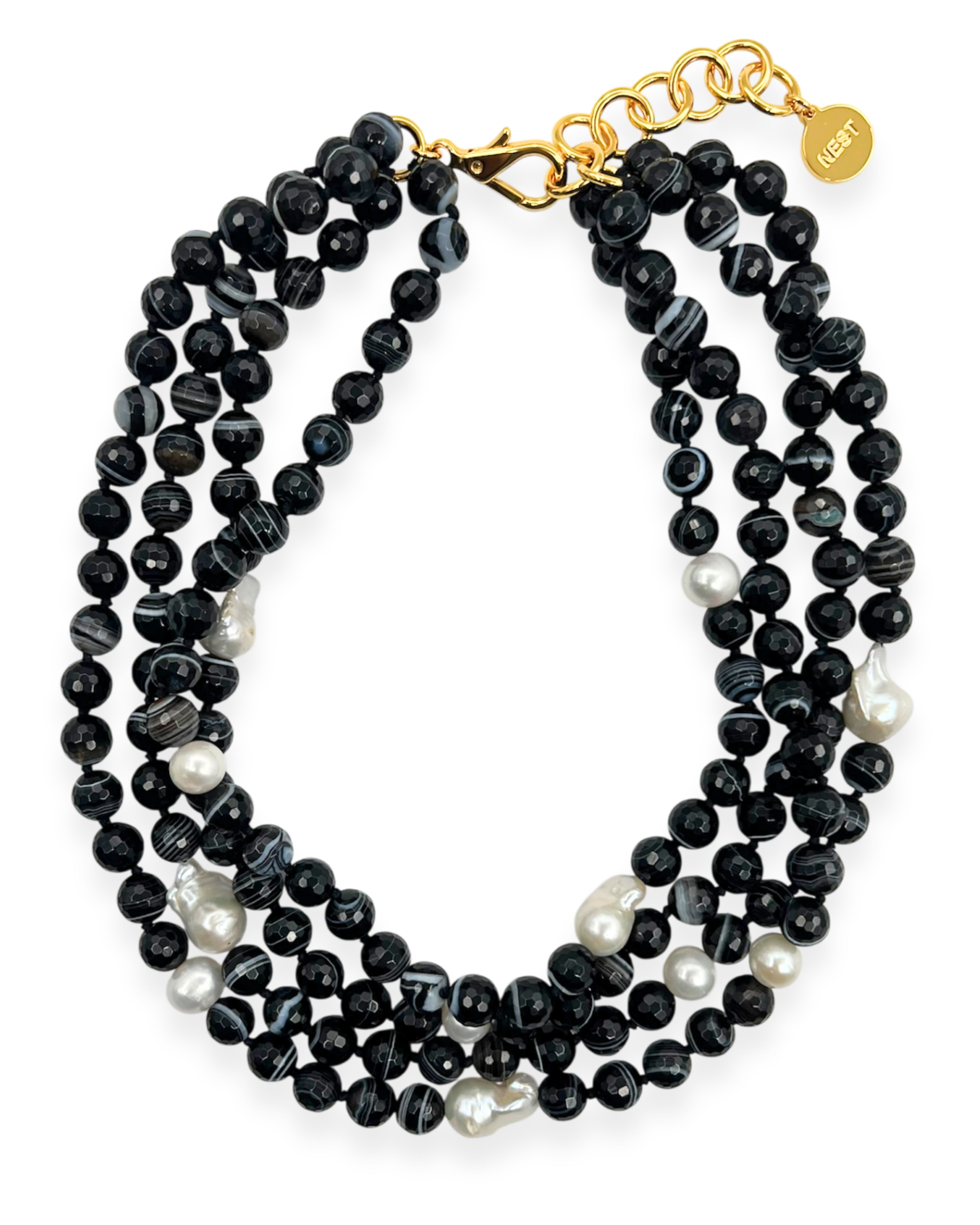 Black Agate and Pearl Multi Strand Necklace
