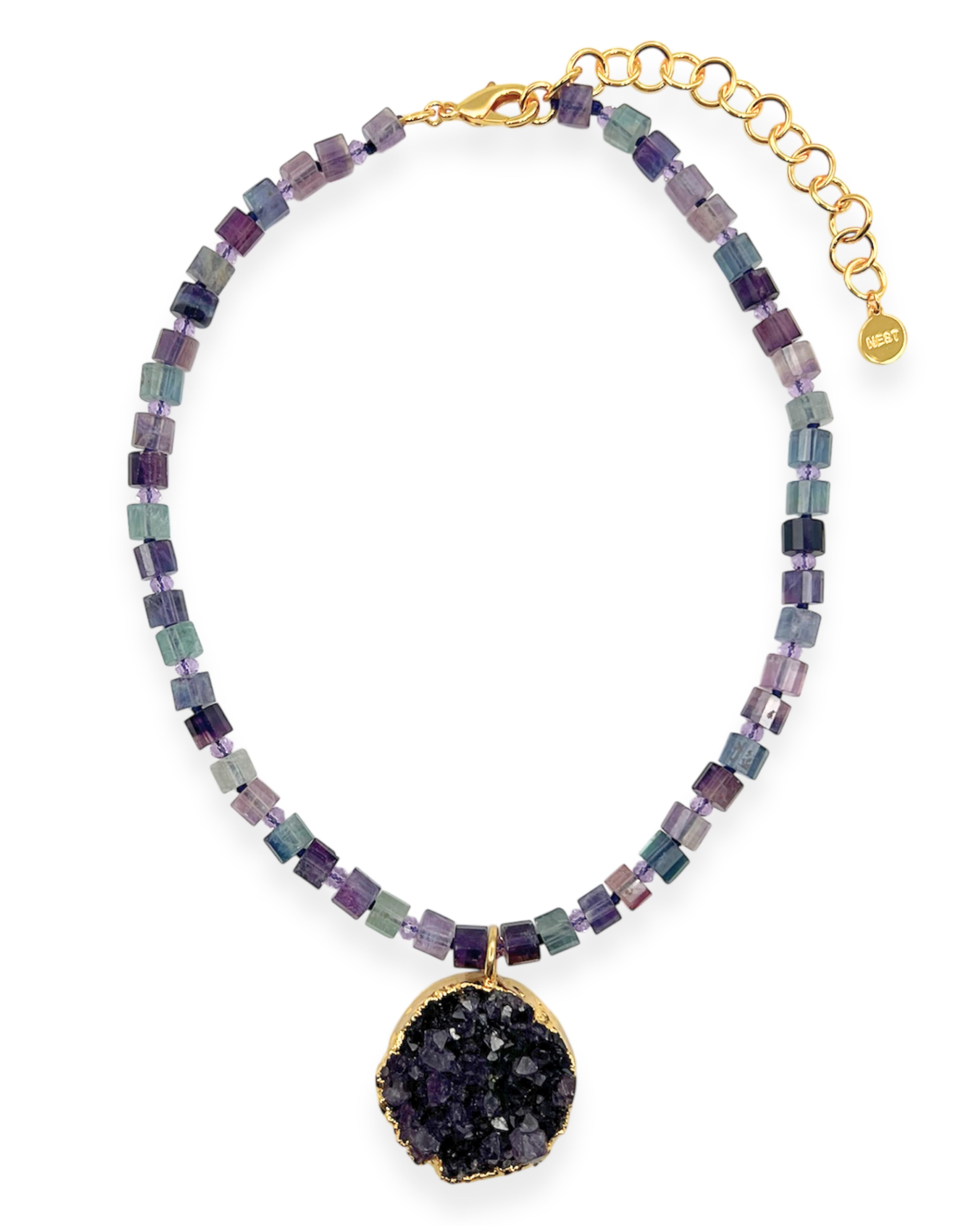 Fluorite and Druzy Amethyst Pendant Necklace