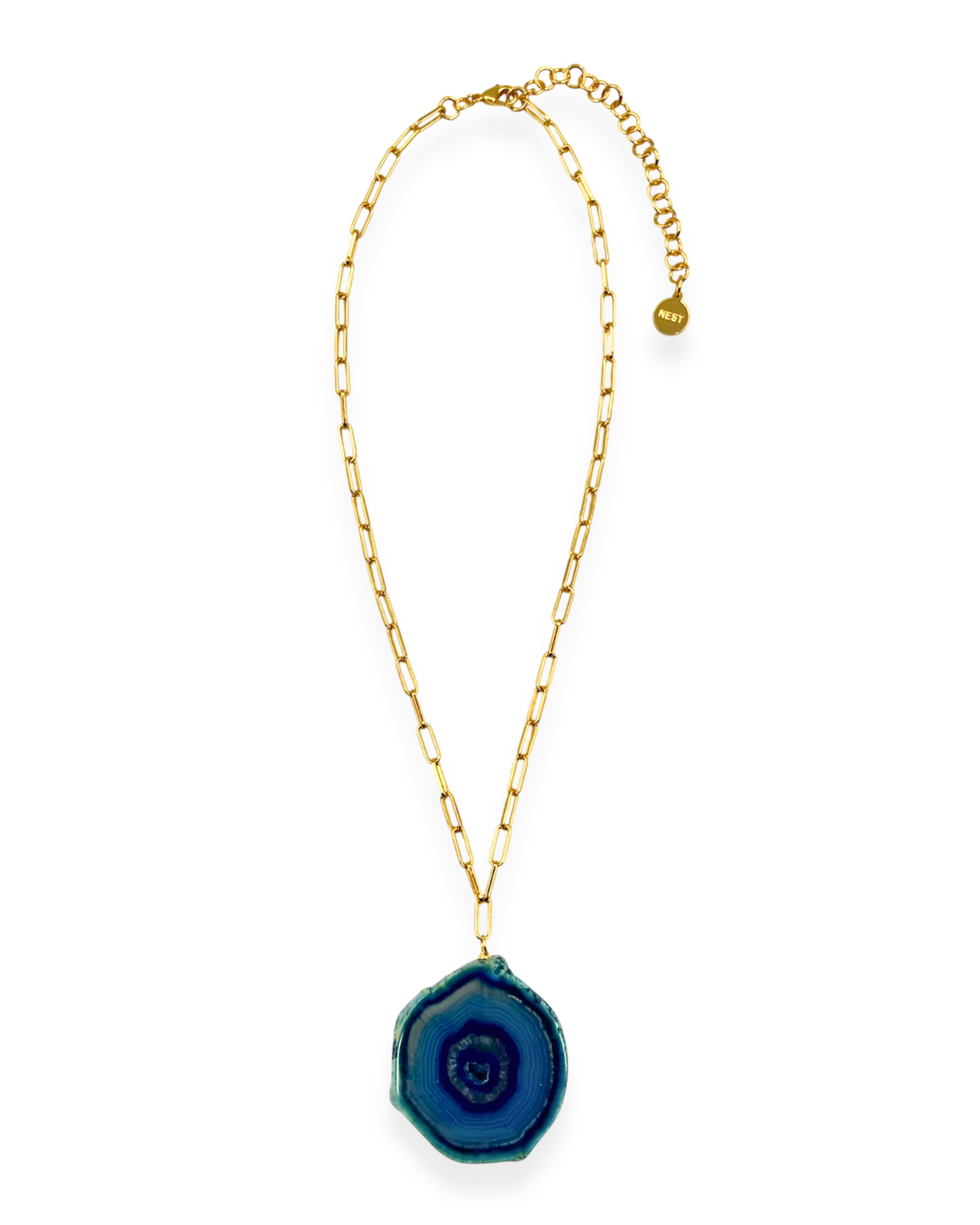 Blue Agate Slice Pendant Necklace