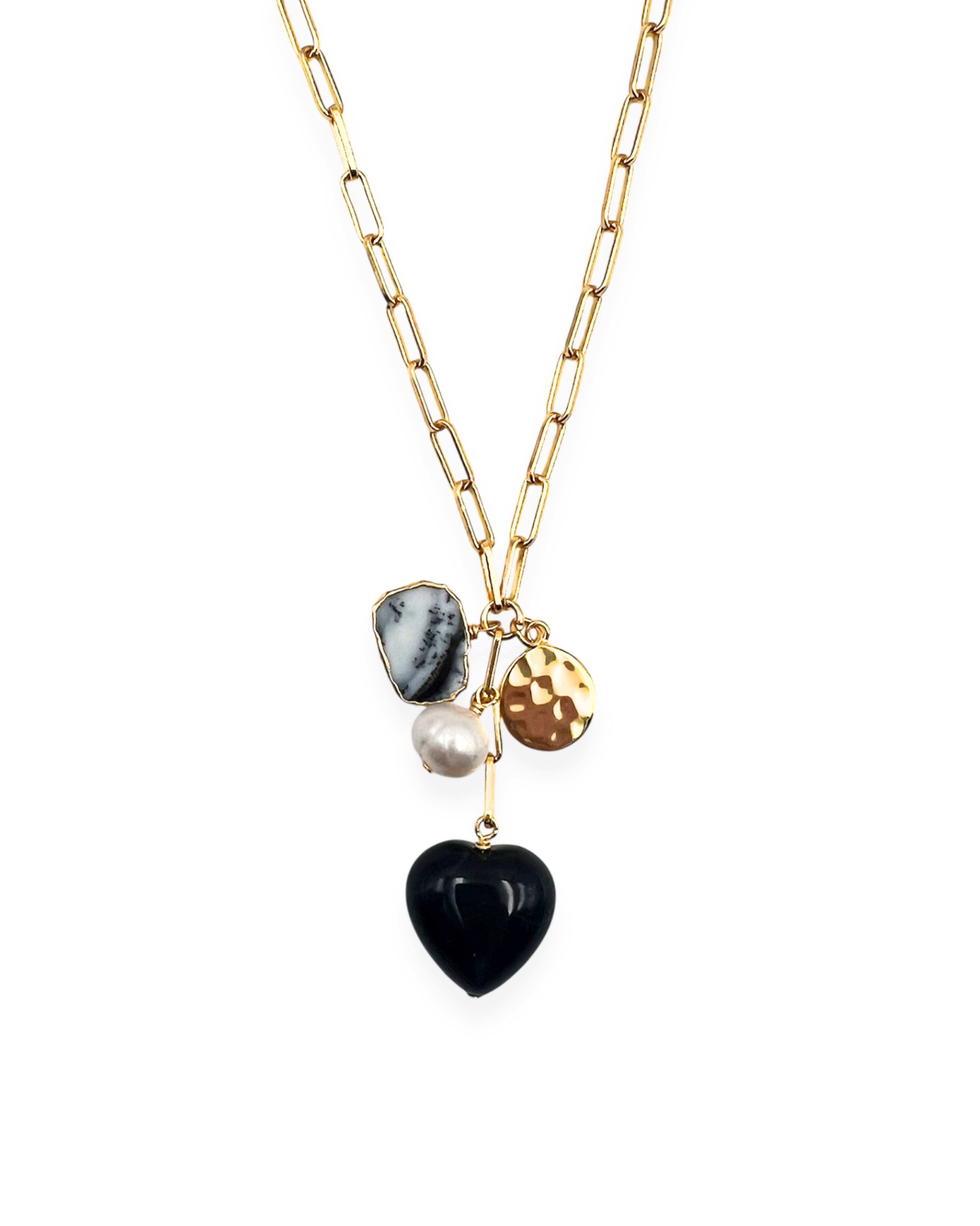 Black Onyx and Pearl Heart Charm Necklace