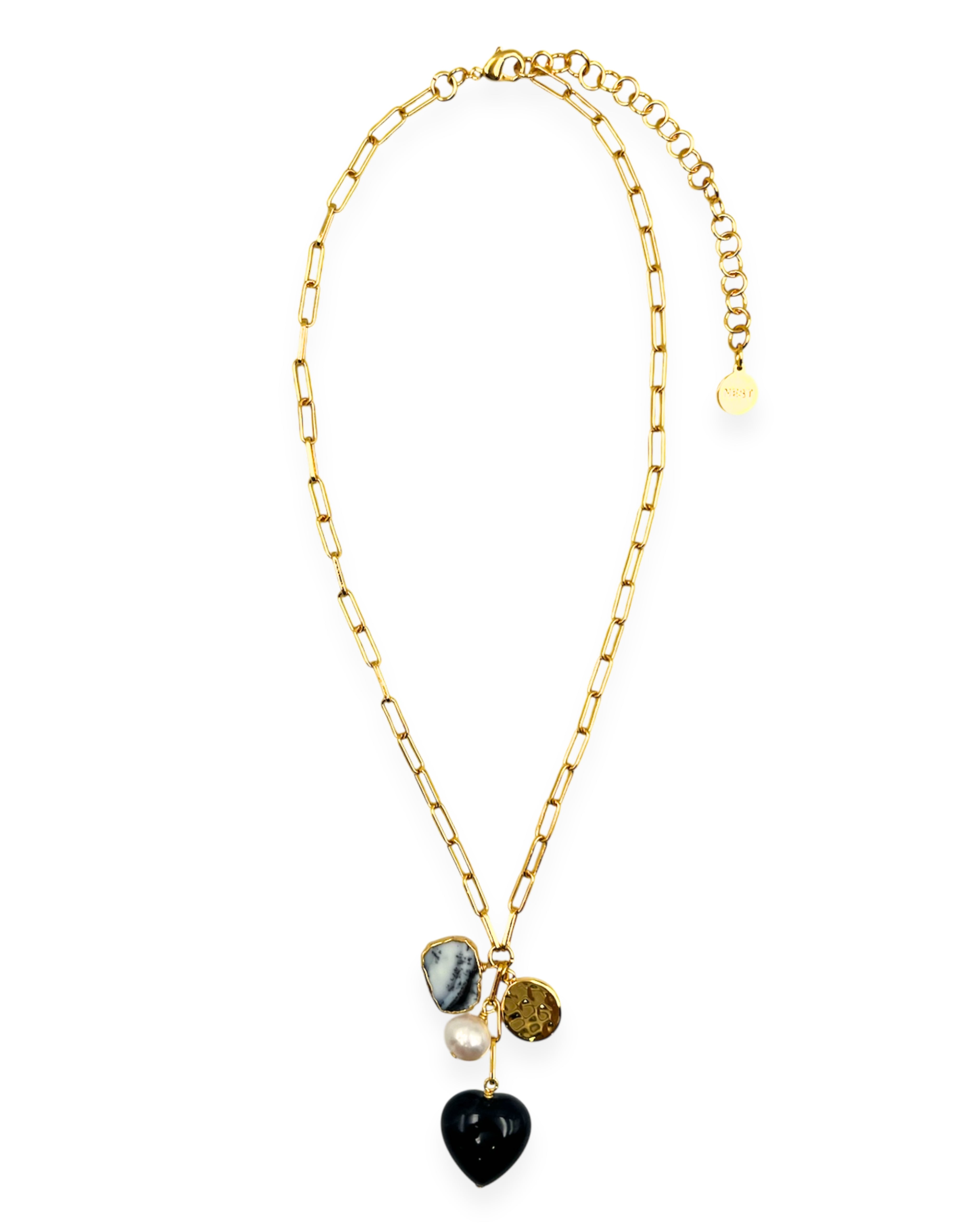 Black Onyx and Pearl Heart Charm Necklace