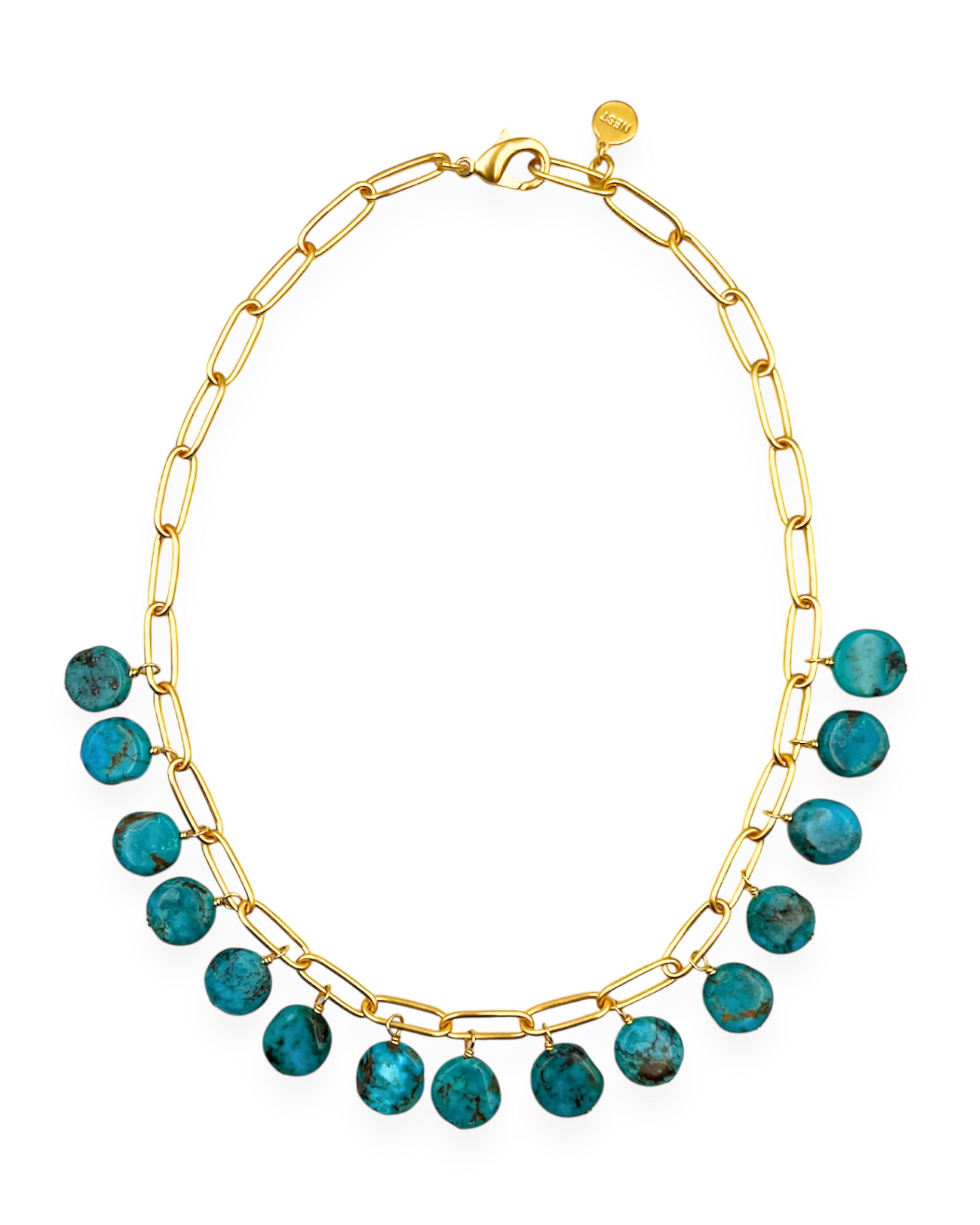 Brushed Gold Turquoise Charm Necklace