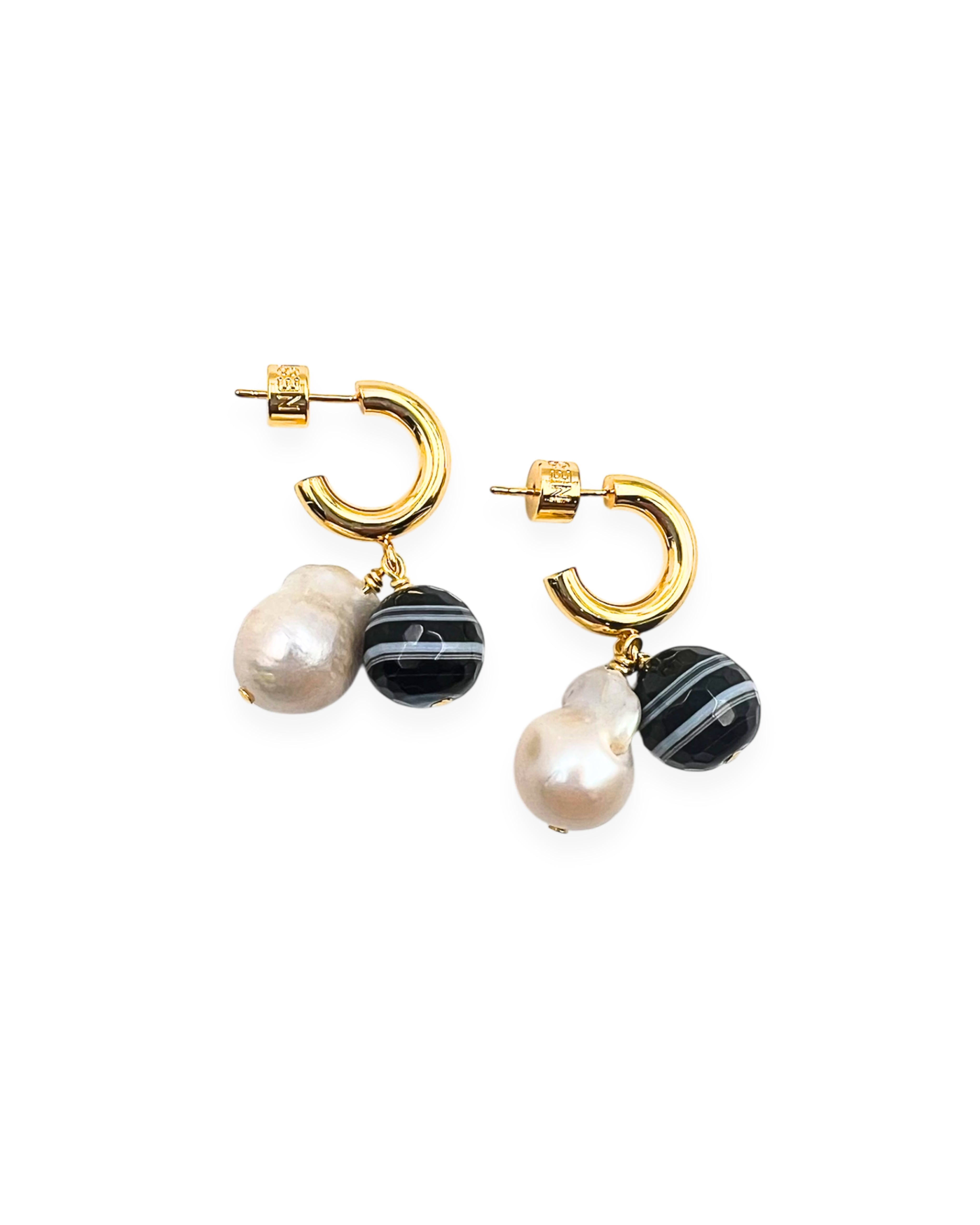 Black Agate and Pearl Huggie Hoop Earrings