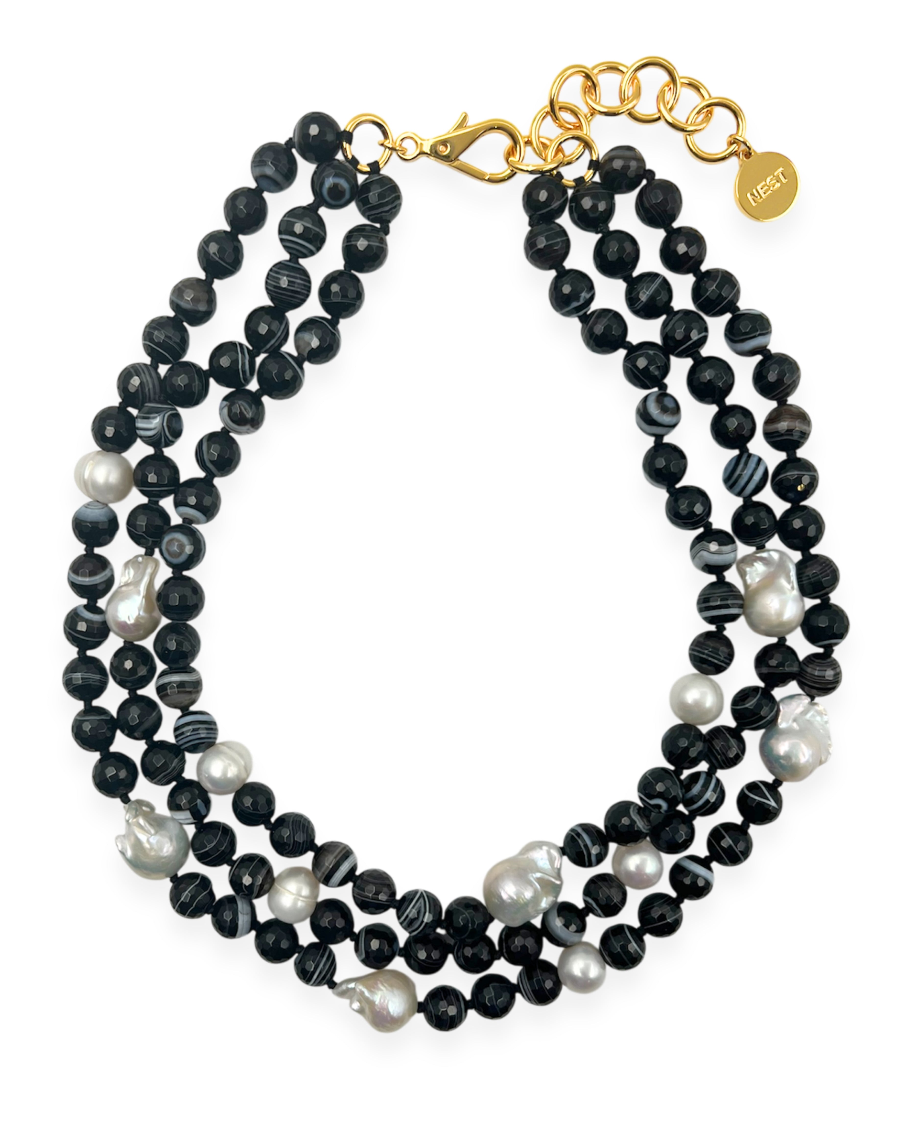 Black Agate and Pearl Triple Strand Necklace
