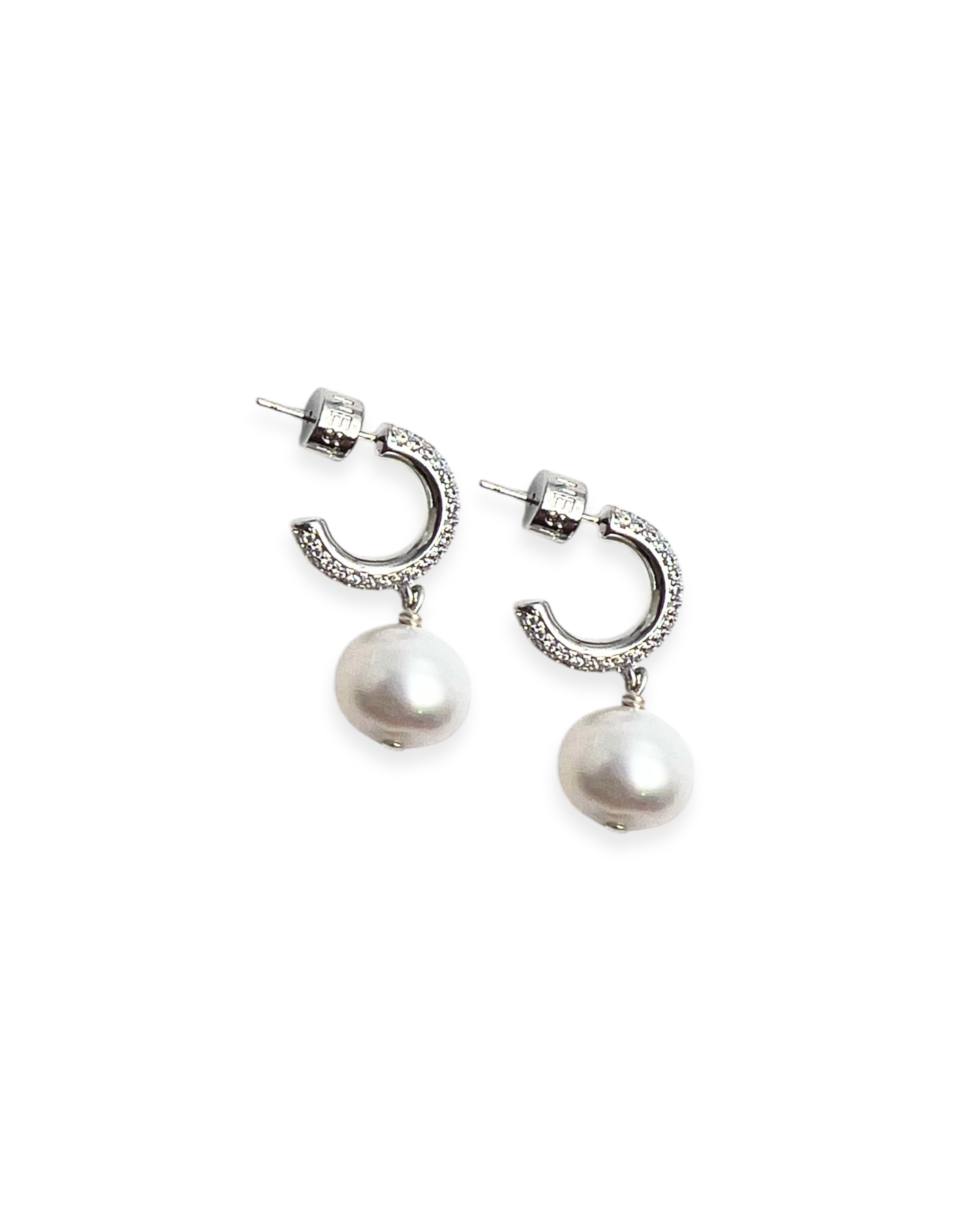 Silver Pearl Drop Crystal Huggie Hoops