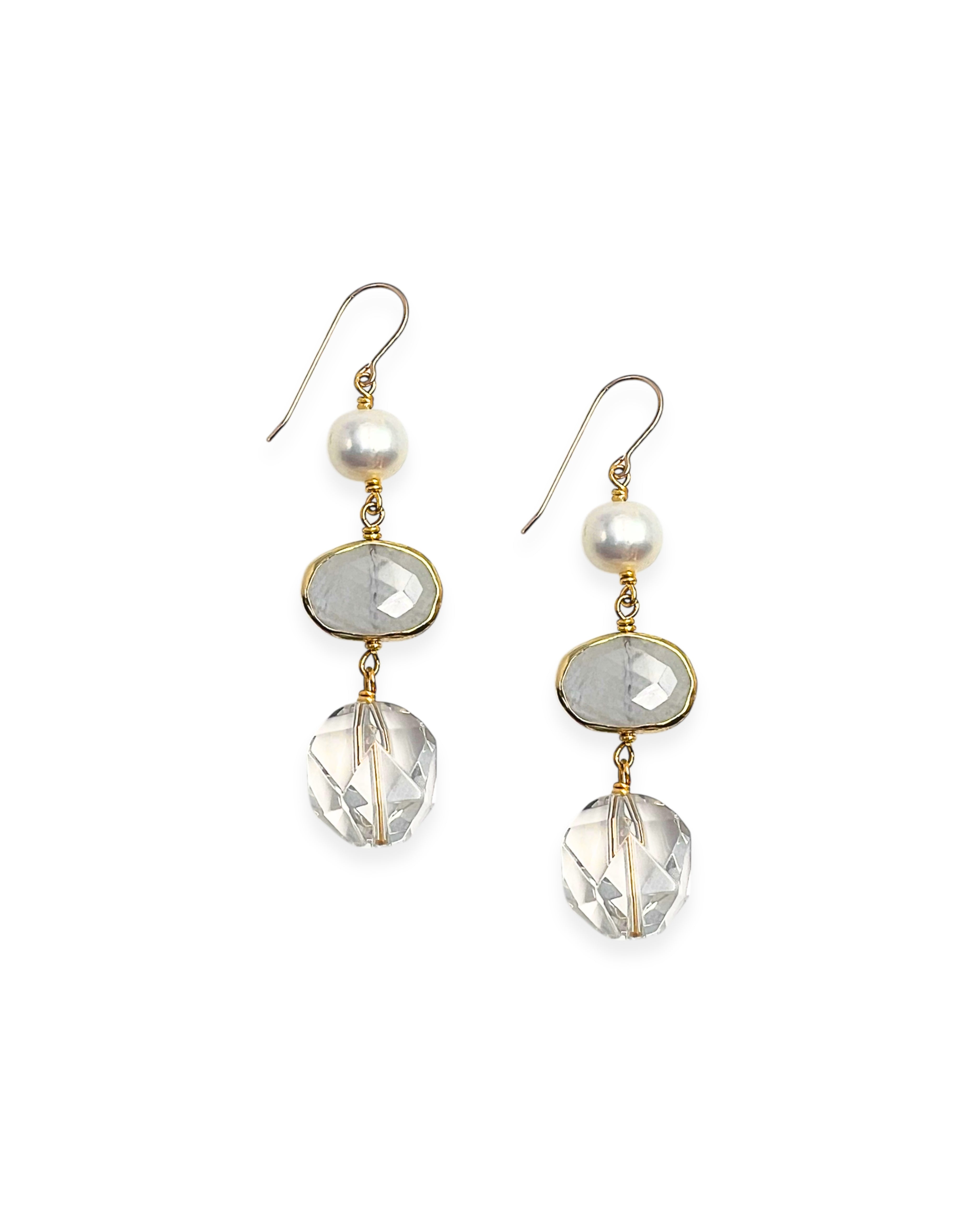 Moonstone, Pearl, & Crystal Drop Earrings