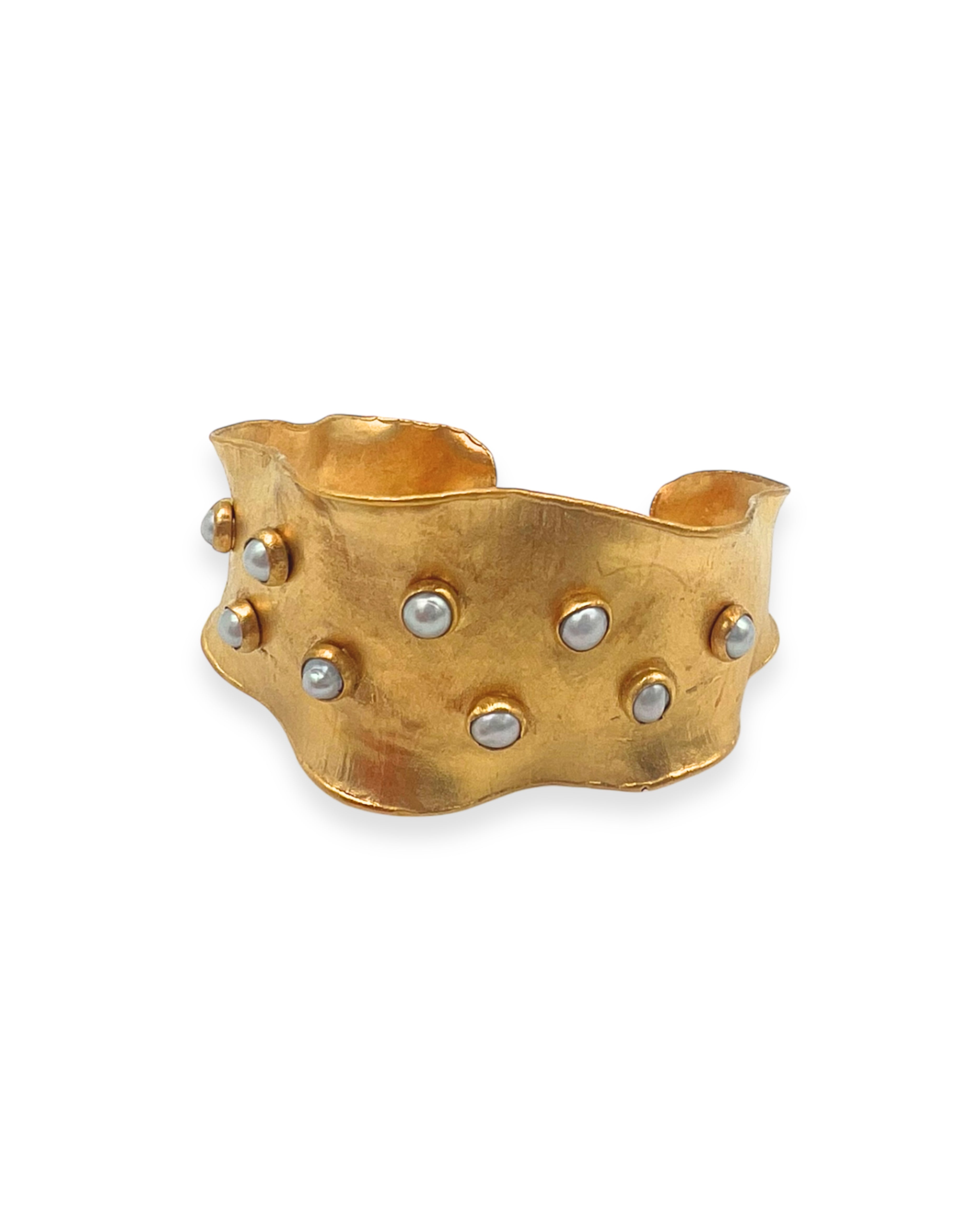 Satin Gold Pearl Studded Wavy Cuff