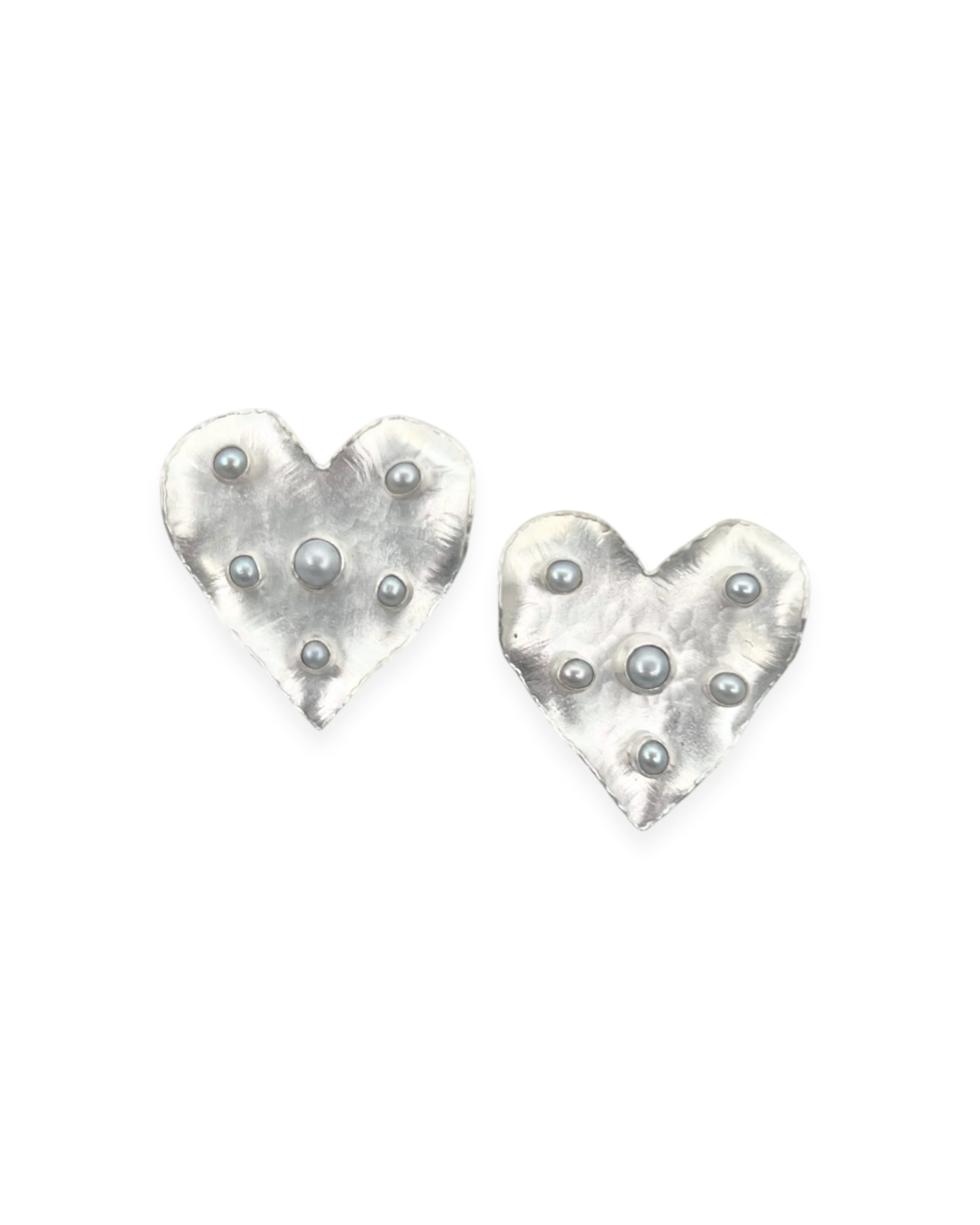 Satin Silver Pearl Studded Heart Earrings