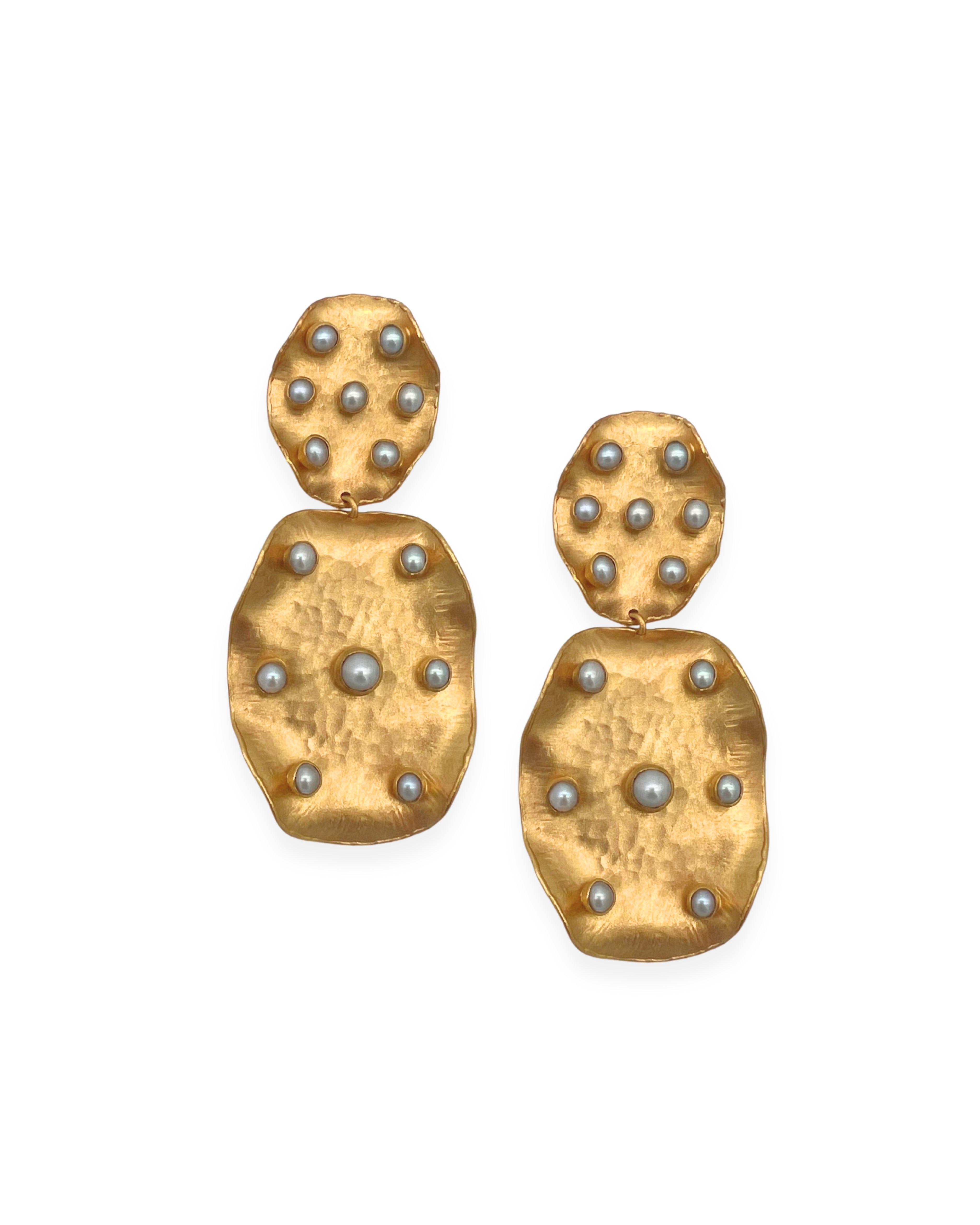 Satin Gold Pearl Studded Statement Earrings