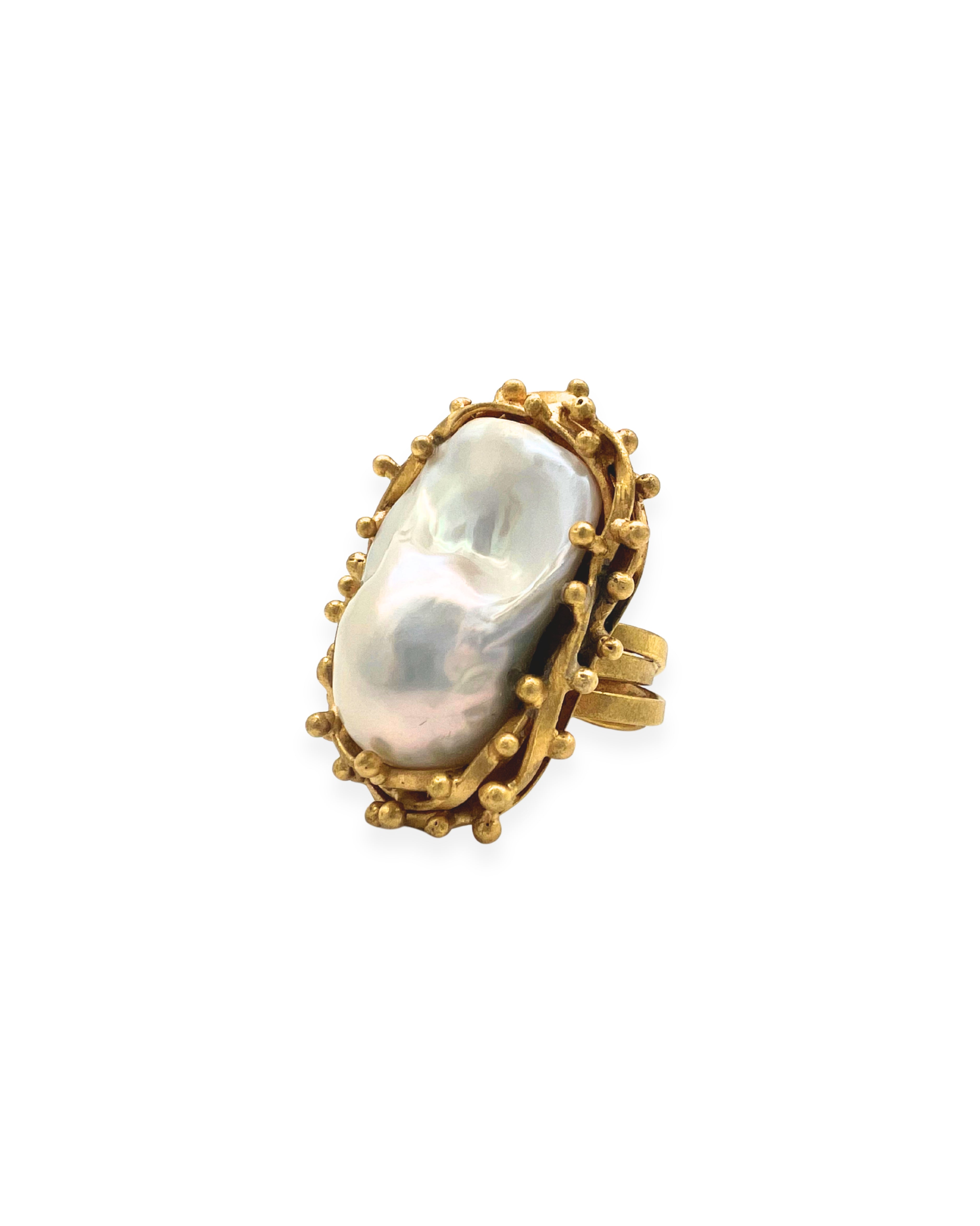 Satin Gold Pearl Adjustable Statement Ring