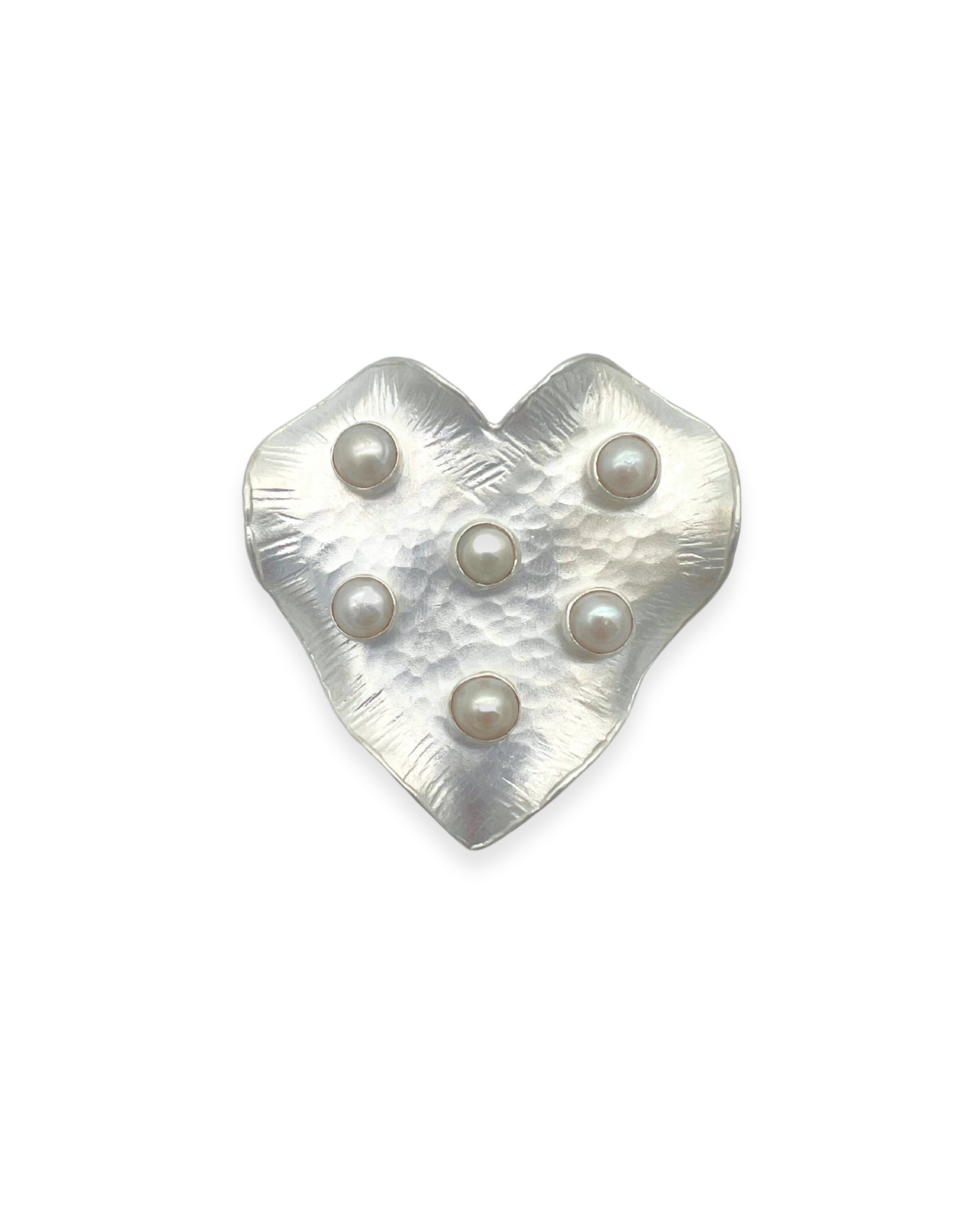 Satin Silver Pearl Studded Heart Brooch