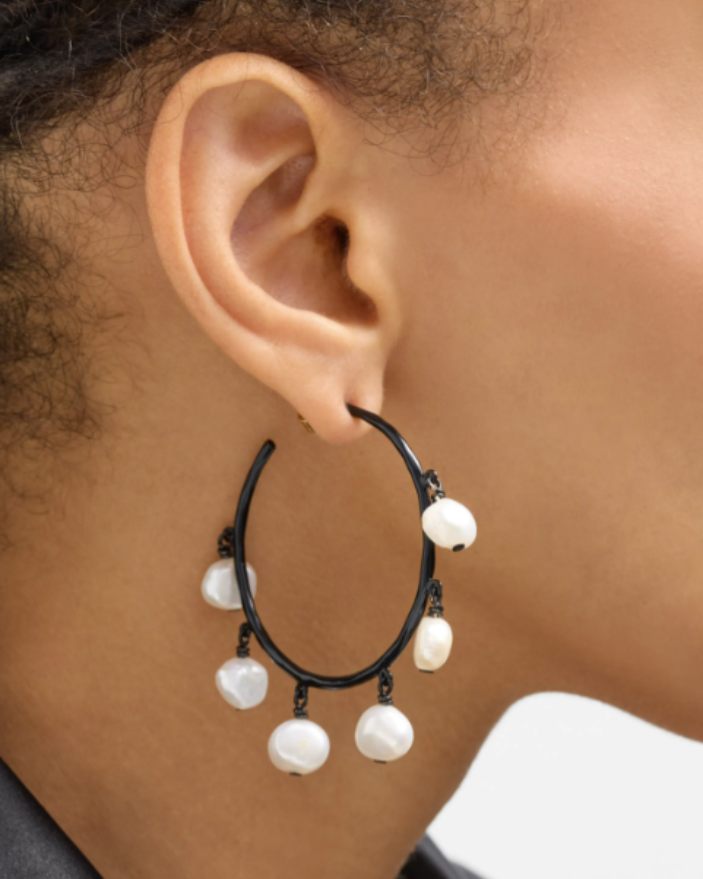 Black Skinny Hoop Earrings with Baroque Pearls
