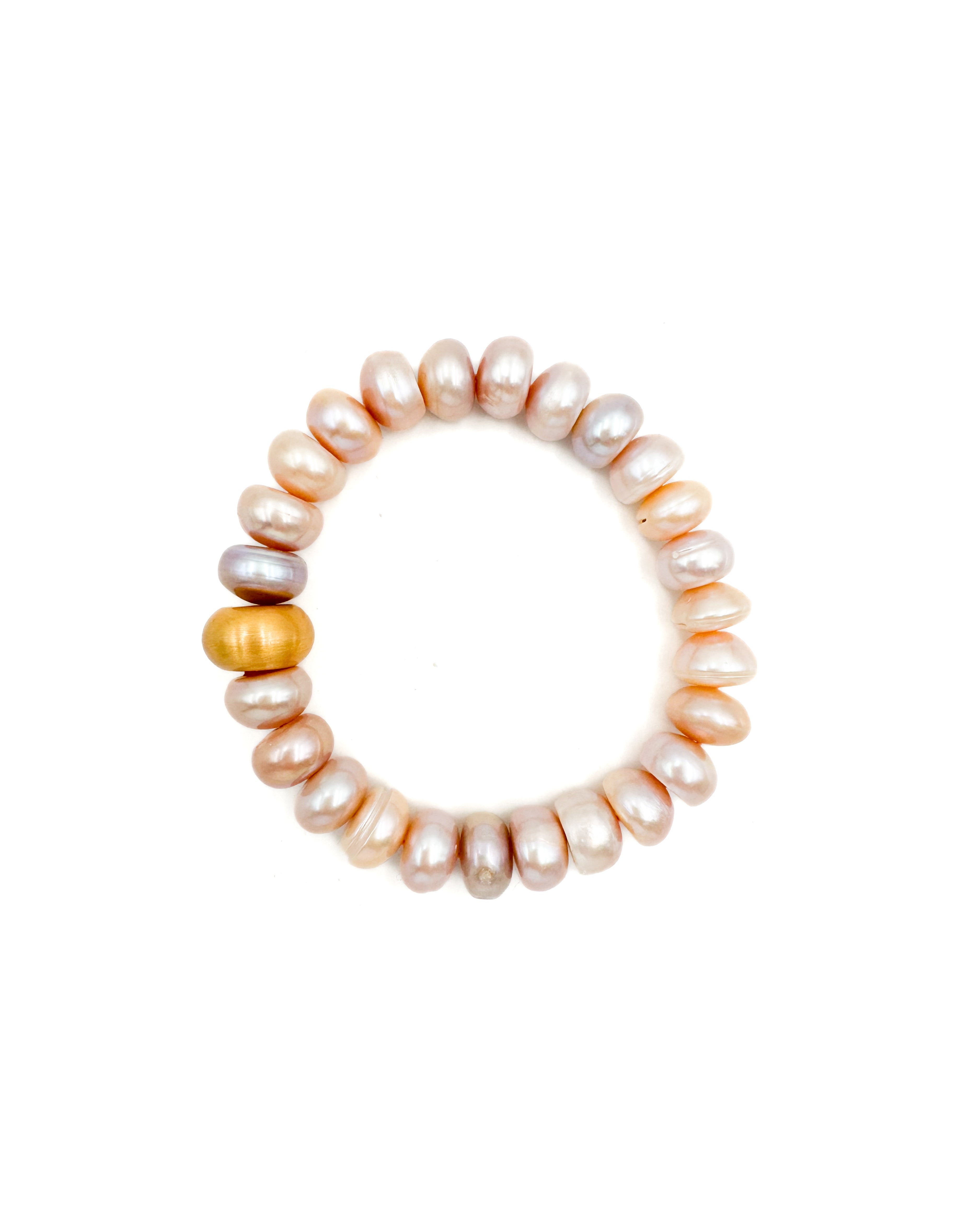 Pale Peach Pearl Stretch Bracelet with Brushed Accent